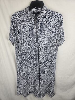 MSK Navy & White Paisley 1/4 Zip-Front Short Sleeve Dress Sz XL